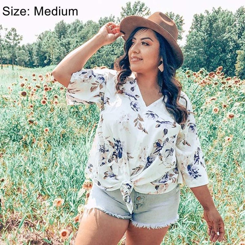 QegarTop Women's Casual Floral Blouse Batwing Sleeve Loose Fitting Shirts Boho Knot Front Tops White S - Image 2